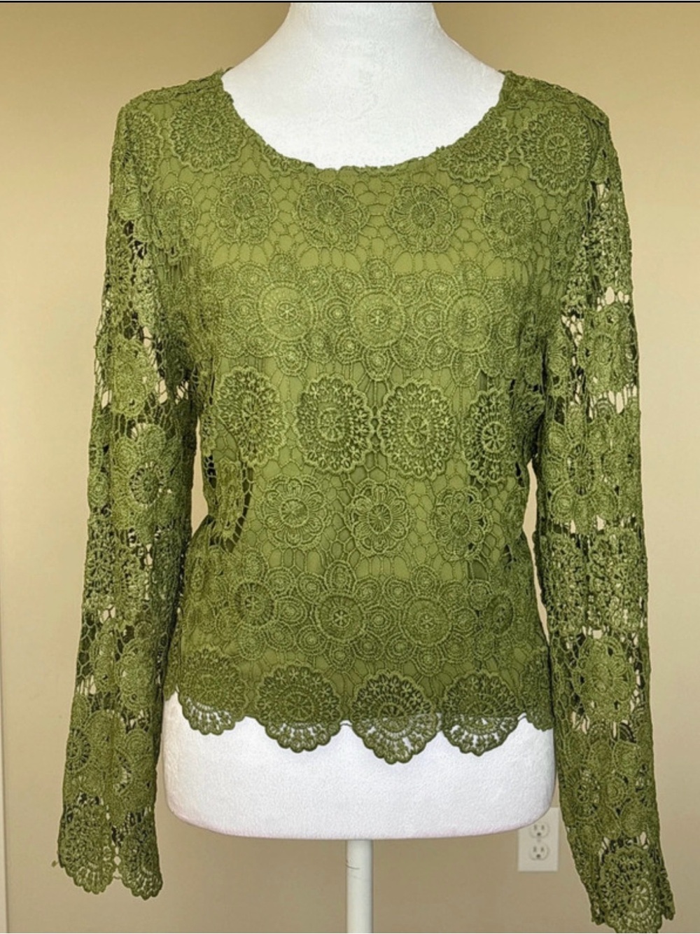 Midnight Velvet Olive Crochet Lace Long-Sleeve Top